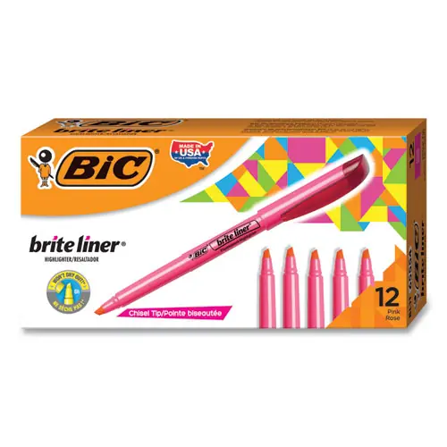 BIC® Brite Liner Highlighter, Fluorescent Pink Ink, Chisel Tip, Pink/Black Barrel, Dozen