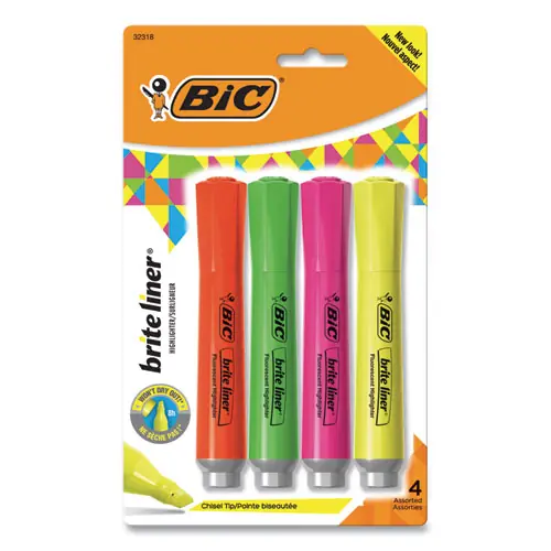 BIC® Brite Liner Tank-Style Highlighter, Assorted Ink Colors, Chisel Tip, Assorted Barrel Colors, 4/Set