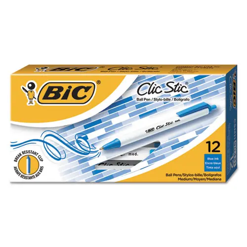 BIC® Clic Stic Ballpoint Pen, Retractable, Medium 1 mm, Blue Ink, White Barrel, Dozen
