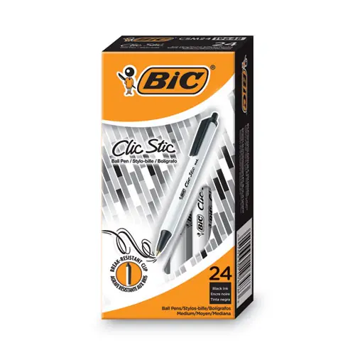 BIC® Clic Stic Ballpoint Pen Value Pack, Retractable, Medium 1 mm, Black Ink, White Barrel, 24/Pack