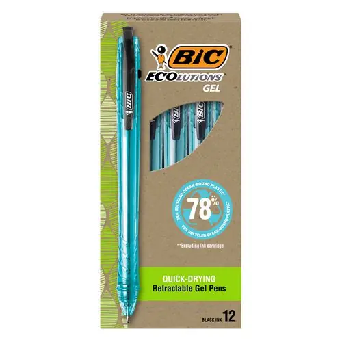 BIC® Ecolutions Gel Pen, Retractable, Medium 1 mm, Black Ink, Blue Barrel, Dozen