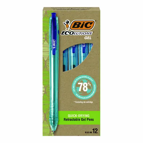 BIC® Ecolutions Gel Pen, Retractable, Medium Point, 1 mm, Blue Ink, Blue Barrel, Pack of 12