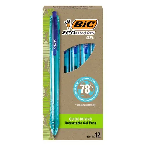 BIC® Ecolutions Gel Pen, Retractable, Medium Point, 1 mm, Blue Ink, Blue Barrel, Dozen