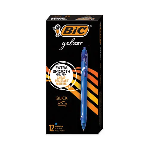 BIC® Gel-ocity Quick Dry Gel Pen, Retractable, Medium Point, 0.7 mm, Blue Ink, Blue Barrel, Dozen