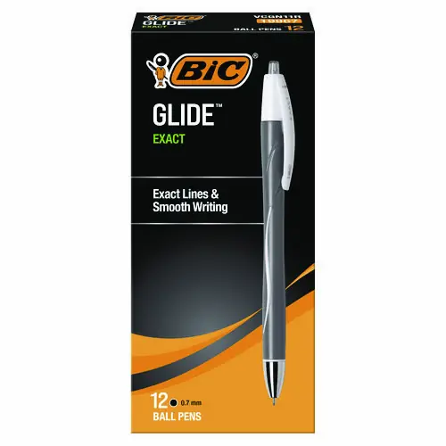 BIC® GLIDE Exact Ballpoint Pen, Retractable, Fine 0.7 mm, Black Ink, Black Barrel, Dozen