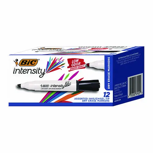 BIC® Intensity Low Odor Chisel Tip Dry Erase Marker, Broad Chisel Tip, Assorted Colors, Dozen