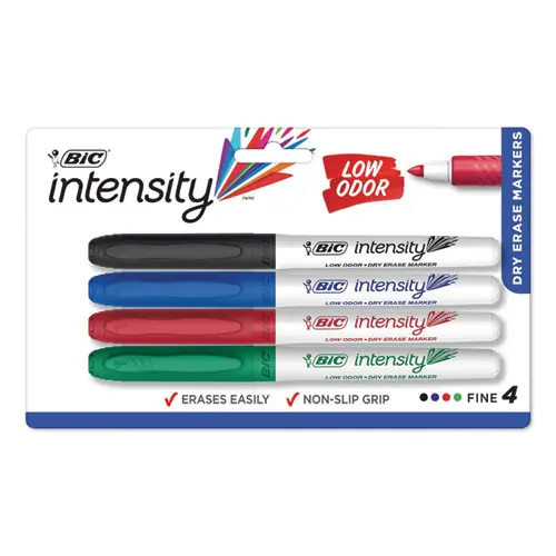 BIC® Intensity Low Odor Fine Point Dry Erase Marker, Fine Bullet Tip, Assorted Colors, 4/Set
