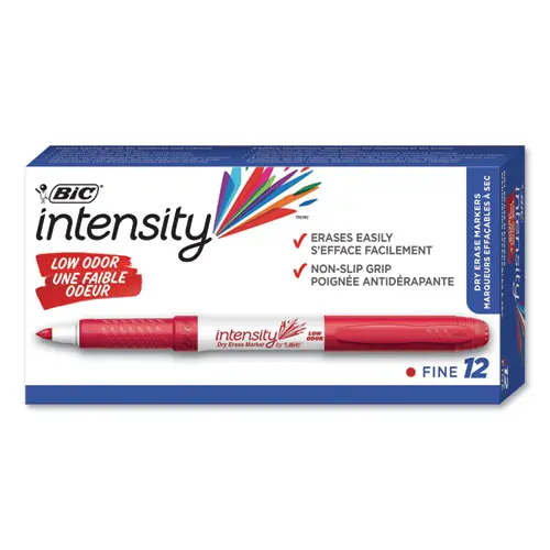 BIC® Intensity Low Odor Fine Point Dry Erase Marker, Fine Bullet Tip, Red, Dozen