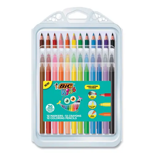 BIC® Kids Coloring Combo Pack in Durable Case - 12 Colored Pencils, 12 Crayons, 12 Markers