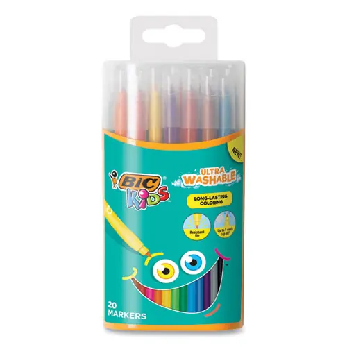 BIC® Kids Ultra Washable Markers, Plastic Tube, Medium Bullet Tip, Assorted Colors, 20/Pack