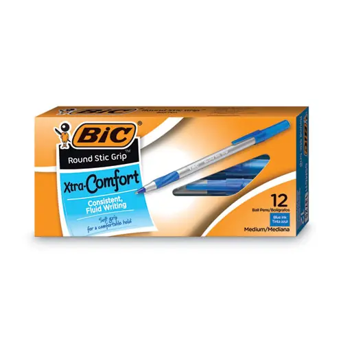 BIC® Round Stic Grip Xtra Comfort Ballpoint Pen, Medium 1.2 mm, Blue Ink, Gray/Blue Barrel, Dozen