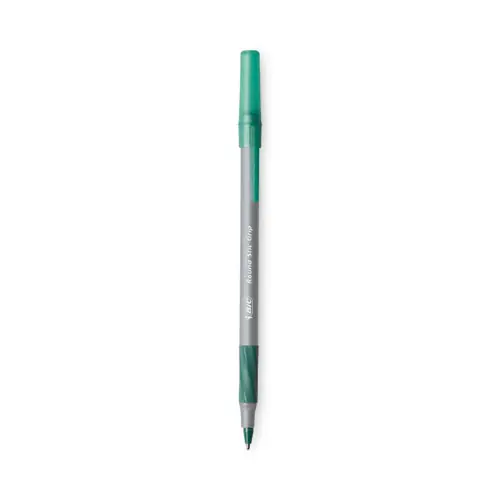 BIC® Round Stic Grip Xtra Comfort Ballpoint Pen, Medium Point, 1.2 mm, Green Ink, Gray/Green Barrel, Dozen