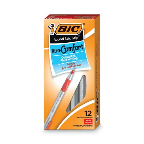 BIC® Round Stic Grip Xtra Comfort Ballpoint Pen, Medium 1.2 mm, Red Ink, Gray/Red Barrel, Dozen