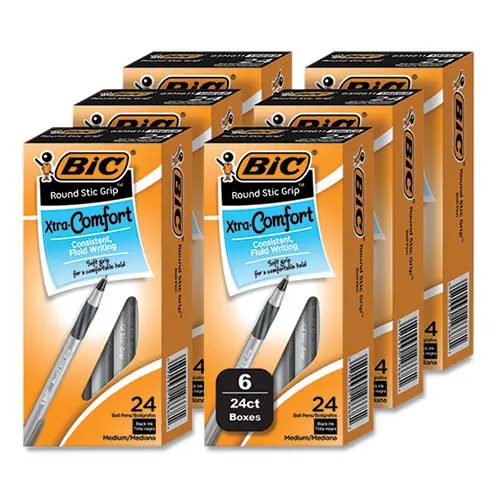 BIC® Round Stic Grip Xtra Comfort Ballpoint Pen, Medium 1 mm, Black Ink, Gray/Black Barrel, 144/Pack