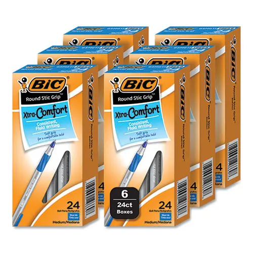 BIC® Round Stic Grip Xtra Comfort Ballpoint Pen, Medium 1 mm, Blue Ink, Gray/Blue Barrel, 144/Pack