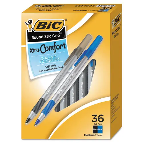 BIC® Round Stic Grip Xtra Comfort Ballpoint Pen Value Pack, Medium 1.2mm, Assorted Ink & Barrel Colors, 36 Pack