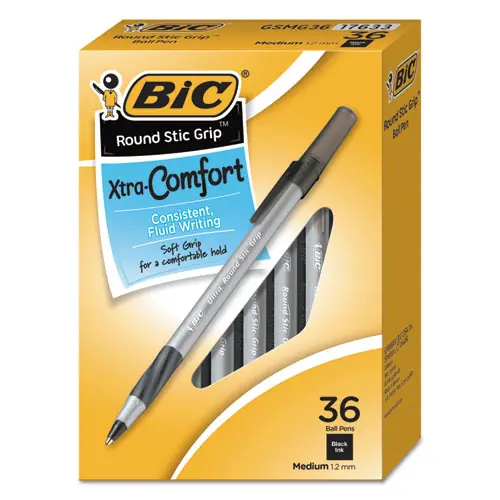 BIC® Round Stic Grip Xtra Comfort Ballpoint Pen Value Pack, Medium 1.2mm, Black Ink, Gray/Black Barrel, 36/Pack