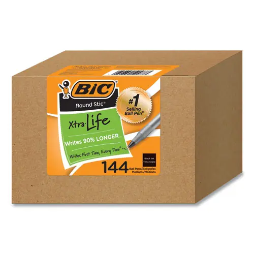 BIC® Round Stic Xtra Life Ballpoint Pen, Medium Point, 1 mm, Black Ink, Translucent Black Barrel, Pack of 144