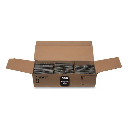 BIC® Round Stic Xtra Life Ballpoint Pen, Medium Point, 1 mm, Black Ink, Translucent Black Barrel, 500/Pack