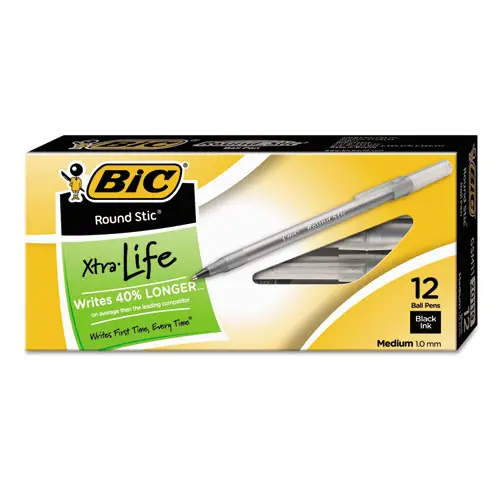 BIC® Round Stic Xtra Life Ballpoint Pen, Medium 1 mm, Black Ink, Translucent Black Barrel, Dozen