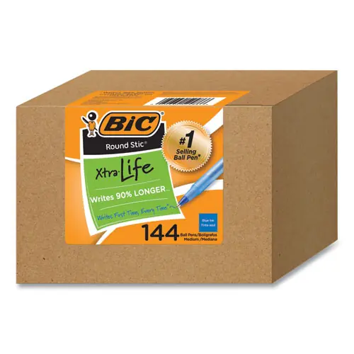 BIC® Round Stic Xtra Life Ballpoint Pen, Medium Point, 1 mm, Blue Ink, Translucent Blue Barrel, 144/Pack