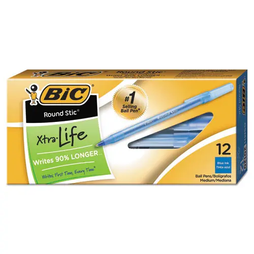 BIC® Round Stic Xtra Life Ballpoint Pen, Medium, 1 mm, Blue Ink, Translucent Blue Barrel, Dozen
