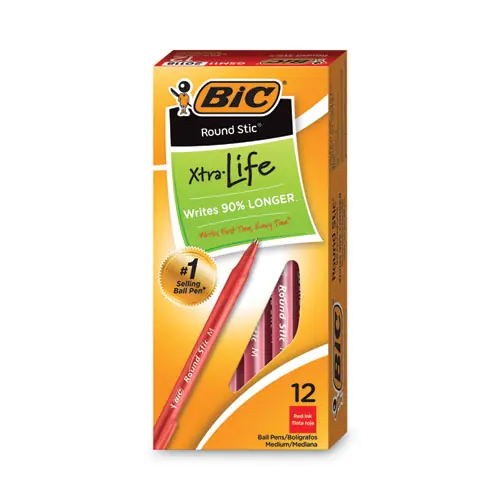 BIC® Round Stic Xtra Life Ballpoint Pen, Medium Point, 1 mm, Red Ink, Translucent Red Barrel, Dozen