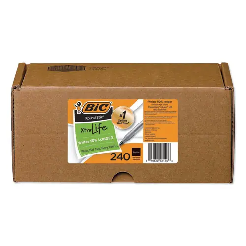 BIC® Round Stic Xtra Life Ballpoint Pen, Medium 1 mm, Black Ink, Translucent Frost Barrel, 240/Carton