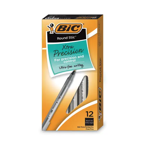 BIC® Round Stic Xtra Precision Ballpoint Pen, Fine Point 0.8 mm, Black Ink, Smoke Barrel, Dozen