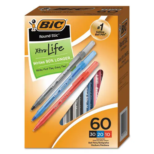 BIC® Round Stic Xtra Precision Ballpoint Pen Value Pack, Medium, 1 mm, Assorted Ink & Barrel Colors, 60/Pack