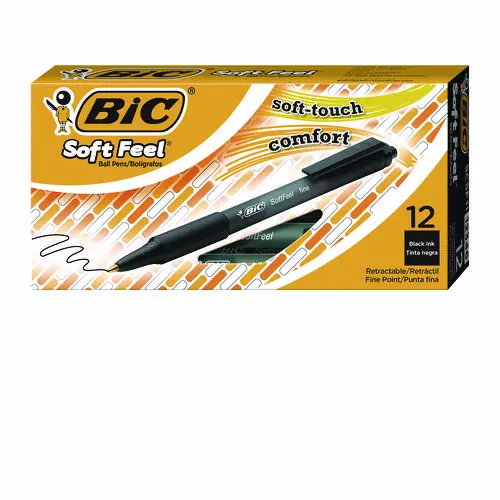 BIC® Soft Feel Ballpoint Pen, Retractable, Medium 1 mm, Black Ink, Black Barrel, Dozen