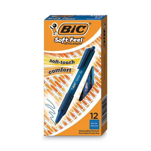 BIC® Soft Feel Ballpoint Pen, Retractable, Medium, 1 mm, Blue Ink, Blue Barrel, Dozen