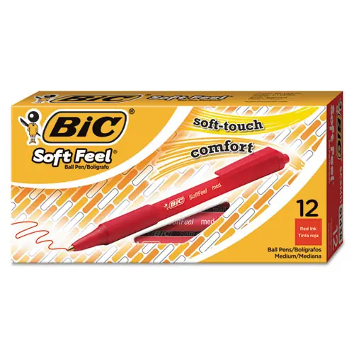 BIC® Soft Feel Ballpoint Pen, Retractable, Medium Point, 1 mm, Red Ink, Red Barrel, Dozen