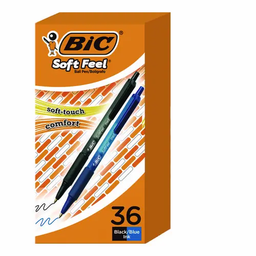 BIC® Soft Feel Ballpoint Pen Value Pack - Retractable, Medium Point (1 mm), Black Ink, Black Barrel, 36 Pack