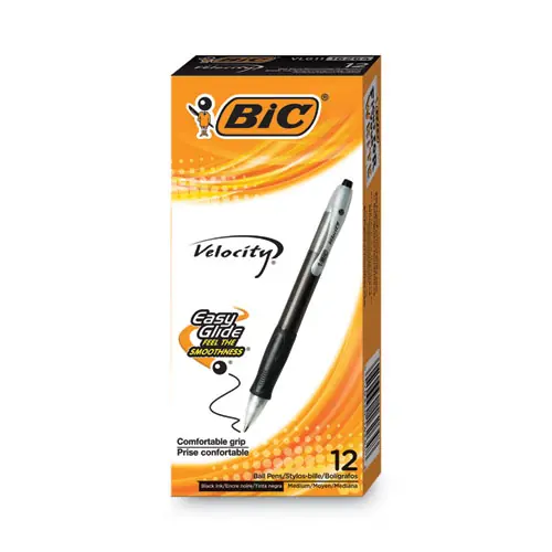 BIC® Velocity Easy Glide Ballpoint Pen, Retractable, Medium 1 mm, Black Ink, Translucent Black Barrel, Dozen