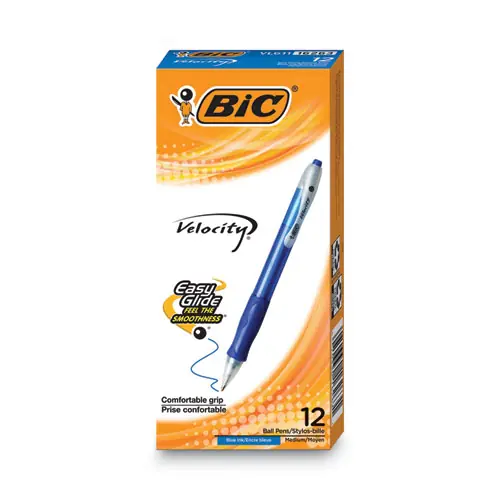BIC® Velocity Easy Glide Ballpoint Pen, Retractable, Medium 1 mm, Blue Ink, Translucent Blue Barrel, Dozen
