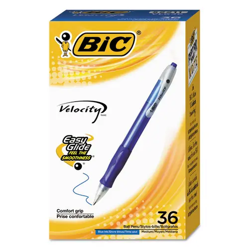 BIC® Velocity Easy Glide Ballpoint Pen Value Pack, Retractable, Medium 1 mm, Blue Ink, Translucent Blue Barrel, 36/Pack
