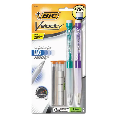 BIC® Velocity Max Pencil, 0.7 mm, HB (#2), Black Lead, Assorted Barrel Colors, 2/Pack