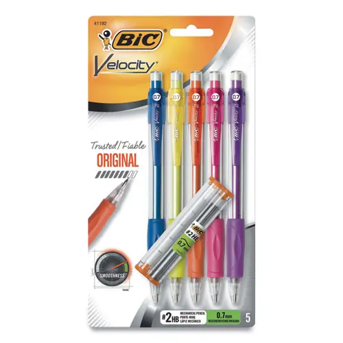 BIC® Velocity Original Mechanical Pencil, 0.7 mm, HB (#2), Black Lead, Assorted Barrel Colors, 5/Pack