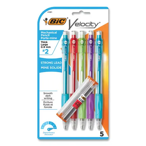 BIC® Velocity Original Mechanical Pencil, 0.9 mm, HB (#2), Black Lead, Assorted Barrel Colors, 5/Pack