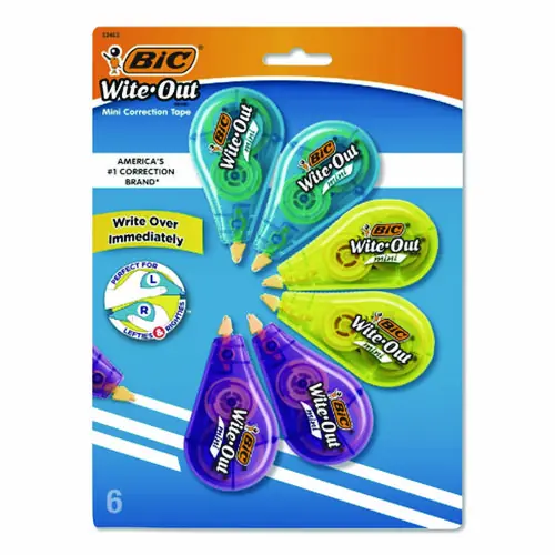 BIC® Wite-Out® Brand Mini Correction Tape, Non-Refillable, 6 Pack, Blue/Purple/Yellow Applicators