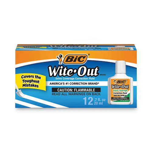 BIC® Wite-Out Extra Coverage Correction Fluid, 20 mL, White, 12-Pack