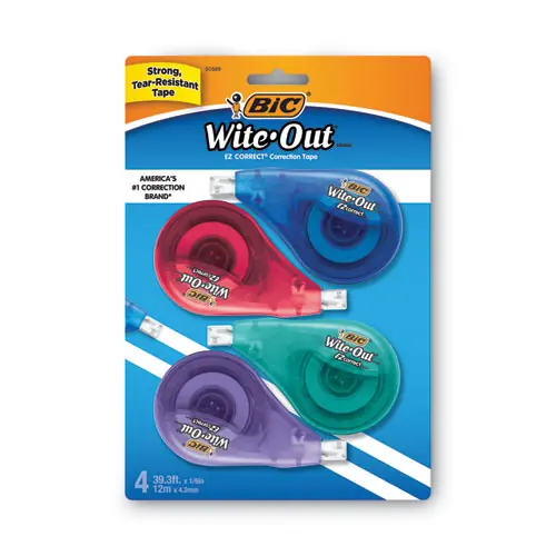 BIC® Wite-Out EZ Correct Correction Tape, Non-Refillable, Assorted Colors, 0.17" x 400", 4/Pack