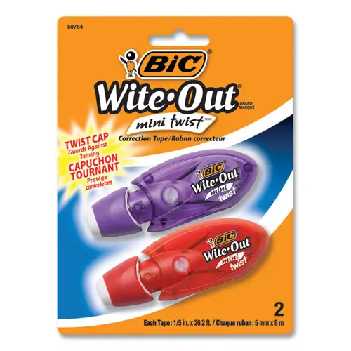 BIC® Wite-Out Mini Twist Correction Tape, Non-Refillable, Blue/Fuchsia, 2/Pack
