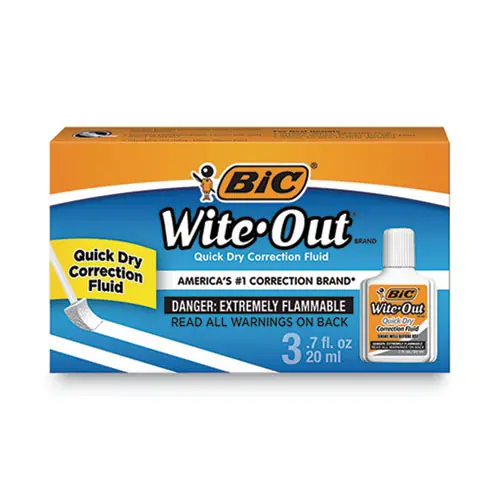 BIC® Wite-Out Quick Dry Correction Fluid, 20 mL, White, 3/Pack