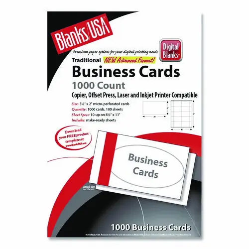 Blanks/USA® Printable Microperf Business Cards, White, 2" x 3.5", Bristol, 1,000 Cards
