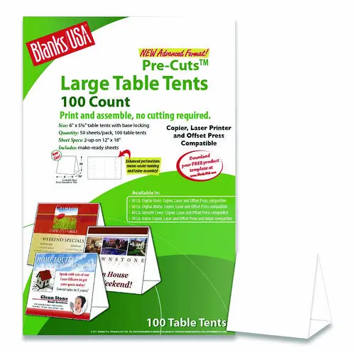Blanks/USA® Table Tent, White, 80 lb Cover, 12 x 18, 2 Tents Per Sheet, 50 Sheets Per Pack