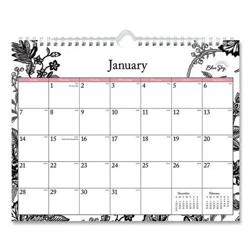 Blue Sky® Analeis Wall Calendar, Floral Artwork, 11 x 8.75, White/Black/Coral Sheets, 12-Month (Jan to Dec) 2025