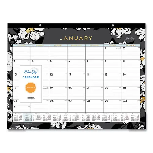 Blue Sky® Baccara Dark Desk Pad, Floral Artwork, 22 x 17, White/Black/Gold Sheets, Black Binding, 12-Month (Jan to Dec): 2025