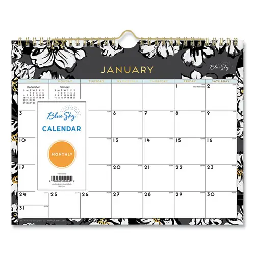 Blue Sky® Baccara Dark Wall Calendar, Floral Artwork, 2025, 11" x 8.75", White/Black/Gold, 12-Month (Jan-Dec)